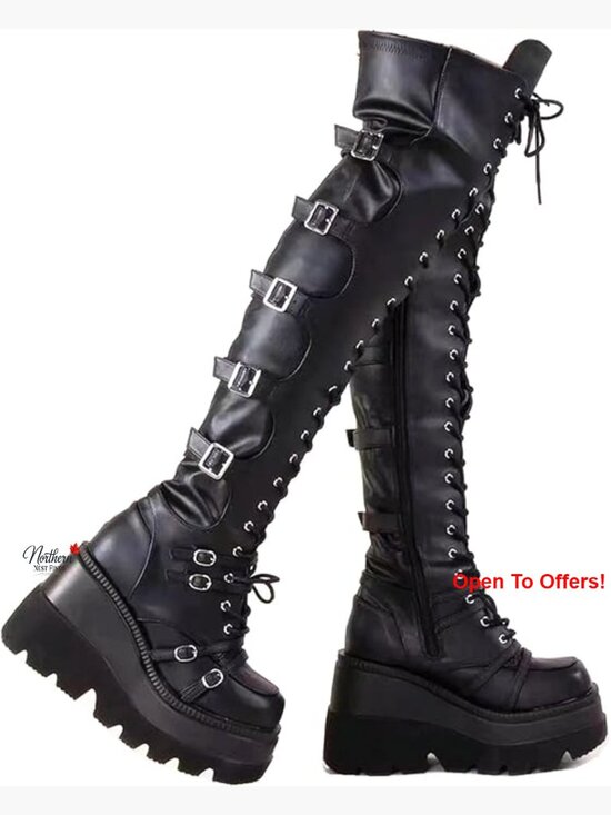Shoes - Faux Leather Over Knee Platform Boots with Buckles Side Zip Chunky Heel